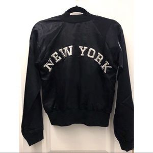 LF Black satin “New York” bomber jacket